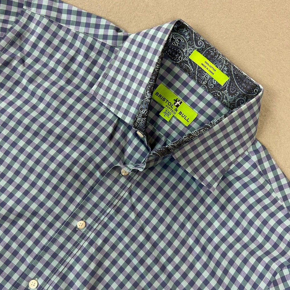 Bristol & Bull Button Down Gingham Fitted Mens Large Blue Purple